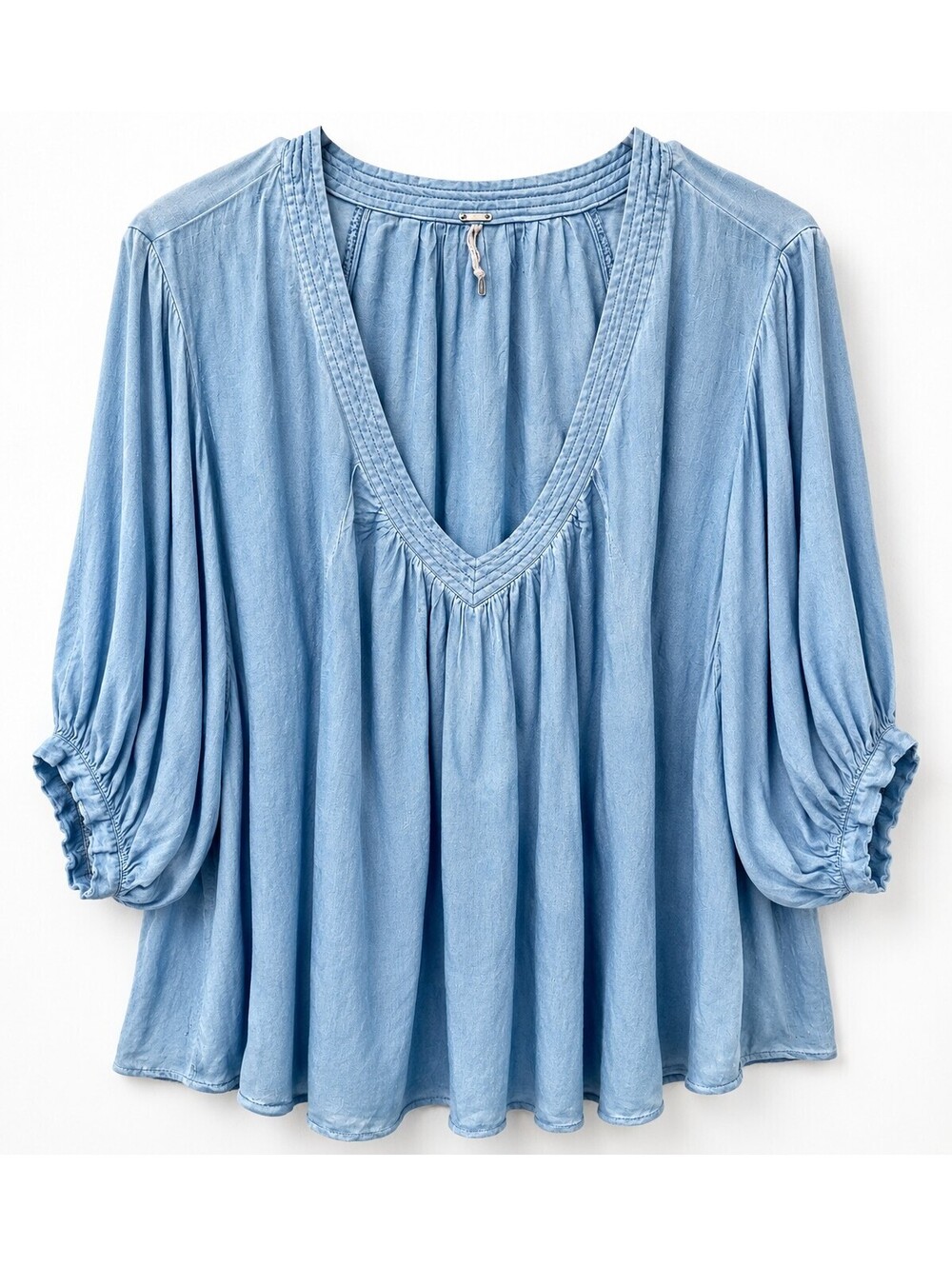 Free People Blue Boho Tunic Blouse Deep V Neck Ruched Sleeve Flowy Top